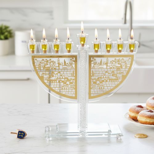 חנוכיית קריסטל עם רגל ואיור בצורת ירושלים