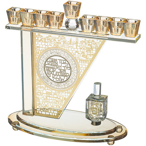 חנוכיית קריסטל מעוצבת על בסיס מעוטר וסביבון מסתובב