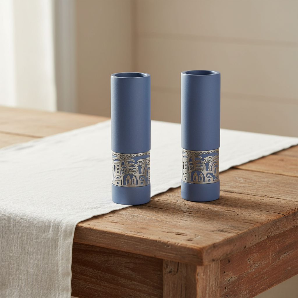זוג פמוטים עגולים בגוון כחול ועיטור ירושלים (גובה 10 ס"מ, קוטר 3 ס"מ)