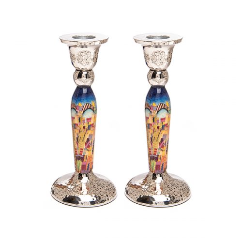 (פמוטי שבת גבוהים עם ירושלים צבעוני ססגוני (גובה 16 ס"מ