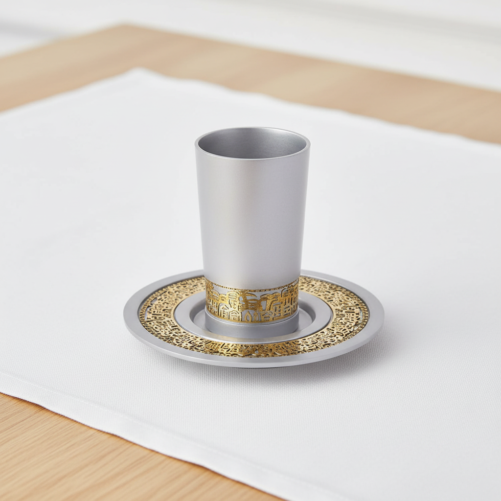 סט כוס קידוש אלומיניום עם מגזרת נחושת ועיטור ירושלים
