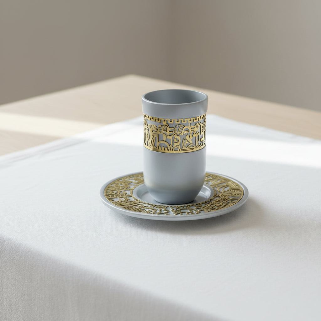 סט כוס קידוש וצלחת אלומיניום עם מגזרת נחושת בצורת ירושלים, קיבולת 293 מ״ל