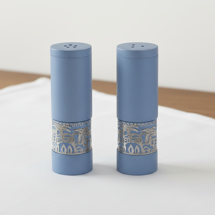 סט מלח ופלפל בעיטור ירושלים, גוון כחול (גובה 9 ס"מ)