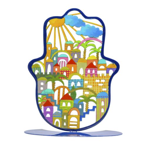 מעמד חמסה מתכת גדול 23 ס"מ עם נוף ירושלים מצויר צבעונית