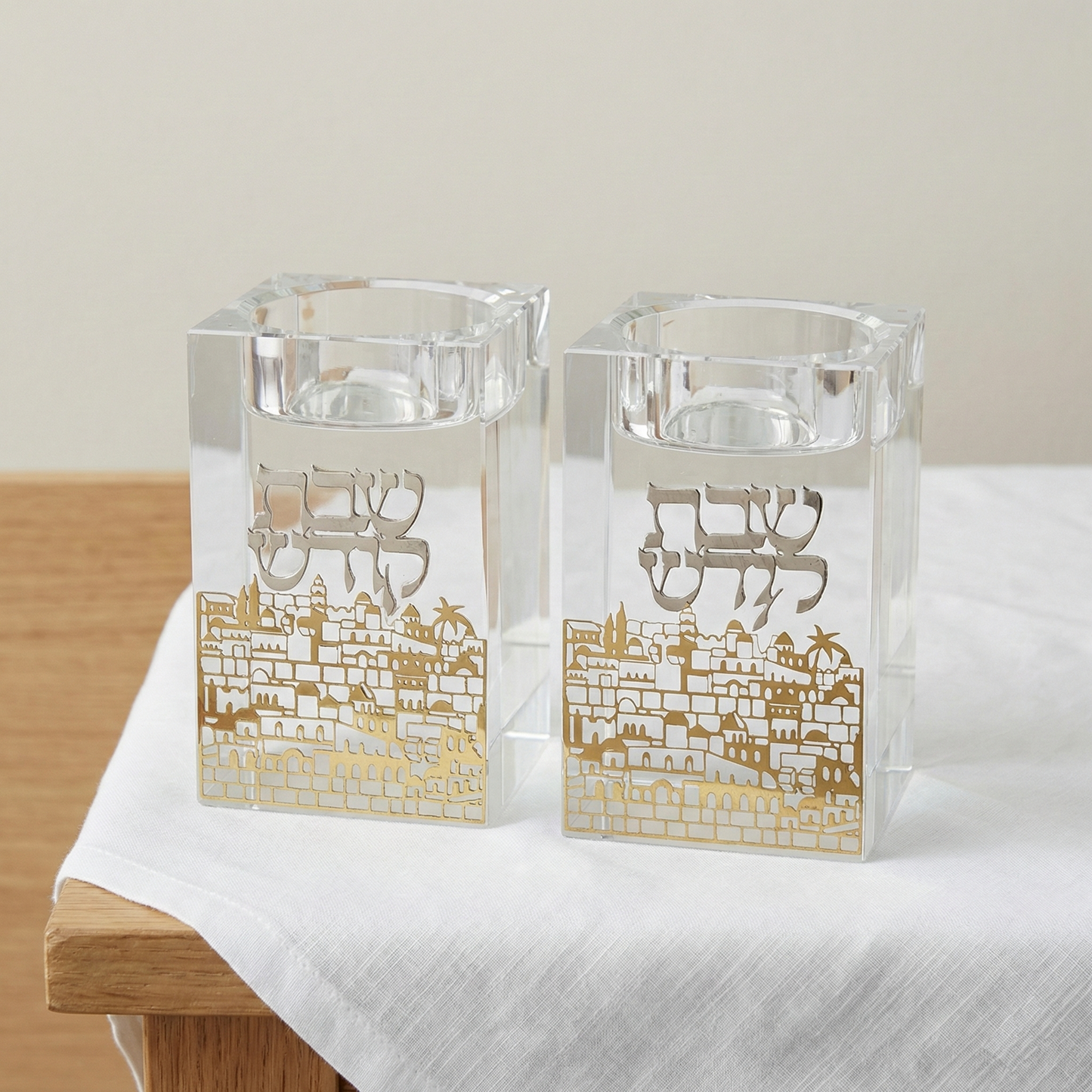 זוג פמוטי קריסטל מרובע עם איור ירושלים 8 ס"מ