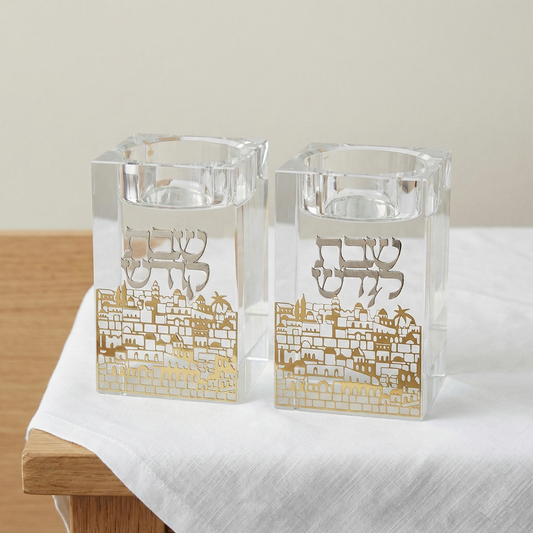 זוג פמוטי קריסטל מרובע עם איור ירושלים 8 ס"מ