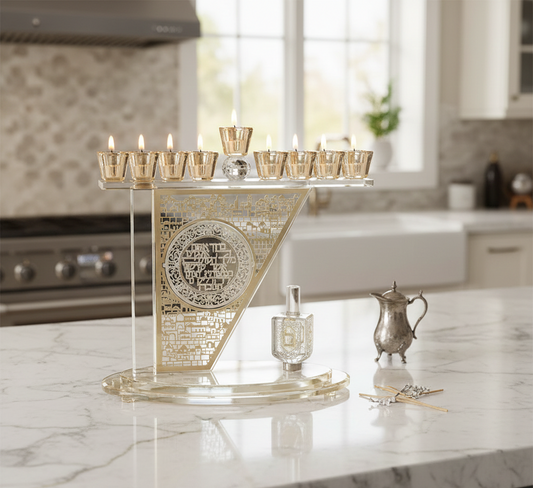חנוכיית קריסטל מעוצבת על בסיס מעוטר וסביבון יוקרתי