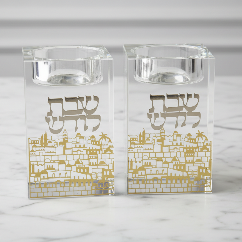 זוג פמוטי קריסטל מרובע עם איור ירושלים 8 ס"מ