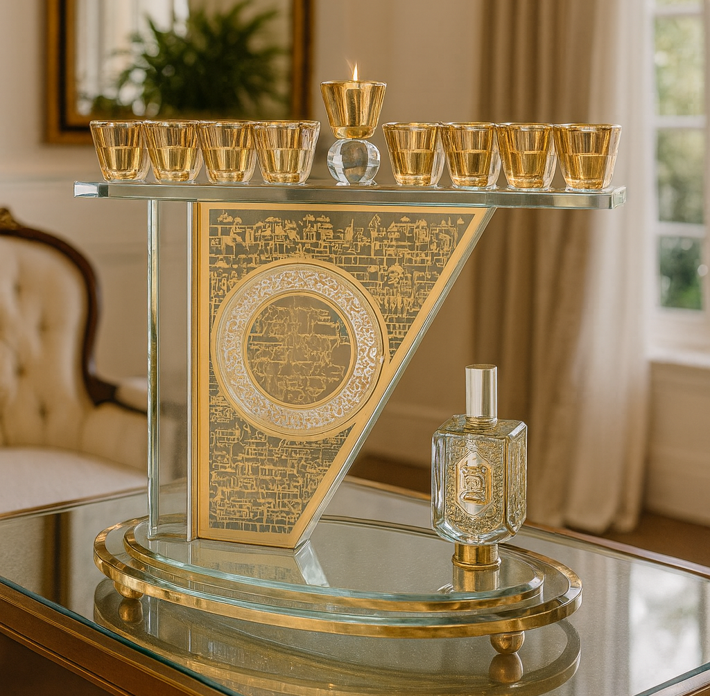 חנוכיית קריסטל מעוצבת על בסיס מעוטר וסביבון מסתובב