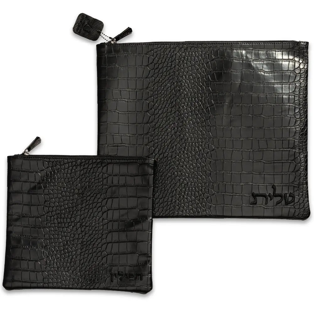 סט תיקי טלית ותפילין דמוי עור שחור עם רקמה – 39×31 ס"מ