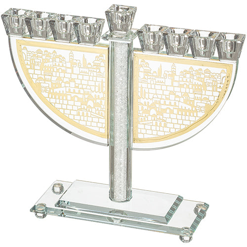 חנוכיית קריסטל עם רגל ואיור  בצורת ירושלים