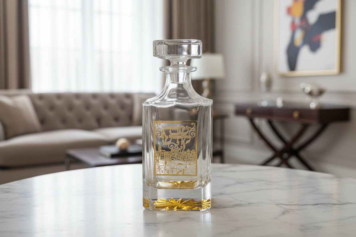 בקבוק יין מקריסטל עם עיטור העיר ירושלים