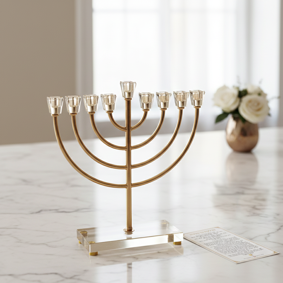 חנוכיה בגוון זהב עם בסיס קריסטל גובה 37 ס"מ