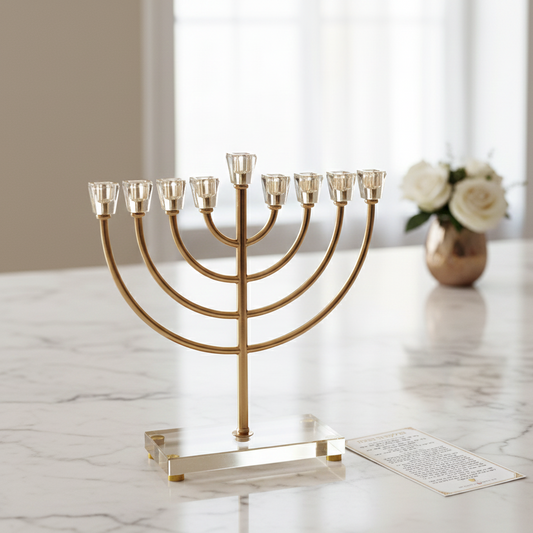 חנוכיה בגוון זהב עם בסיס קריסטל גובה 37 ס"מ