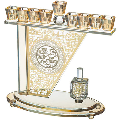 חנוכיית קריסטל מעוצבת עם לוח קריסטל מעוטר וסביבון 30×28 ס"מ