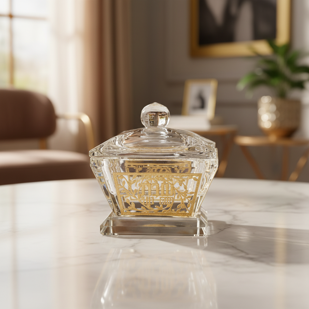 מלחייה קריסטל עם איורים בגוון ענבר ומכסה 6 ס"מ