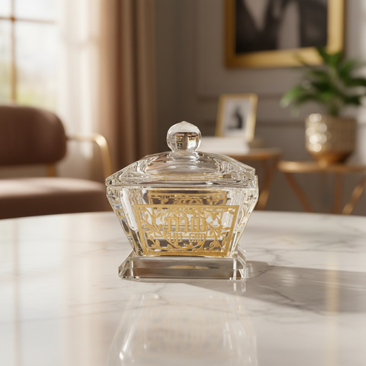 מלחייה קריסטל עם איורים בגוון ענבר ומכסה 6 ס"מ