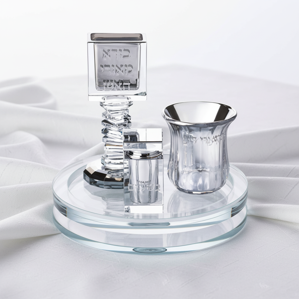 סט הבדלה על מגש מסתובב מקריסטל שקוף