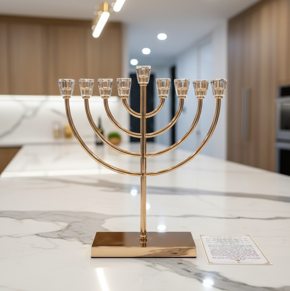 חנוכייה בגוון זהב עם בסיס מוזהב גובה 36 ס"מ