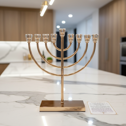 חנוכייה בגוון זהב עם בסיס מוזהב גובה 36 ס"מ