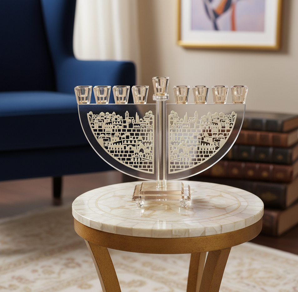 חנוכיית קריסטל עם בסיס זהב ואיור  בצורת ירושלים