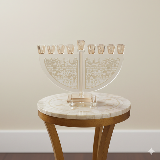 חנוכיית קריסטל עם בסיס זהב ואיור  בצורת ירושלים