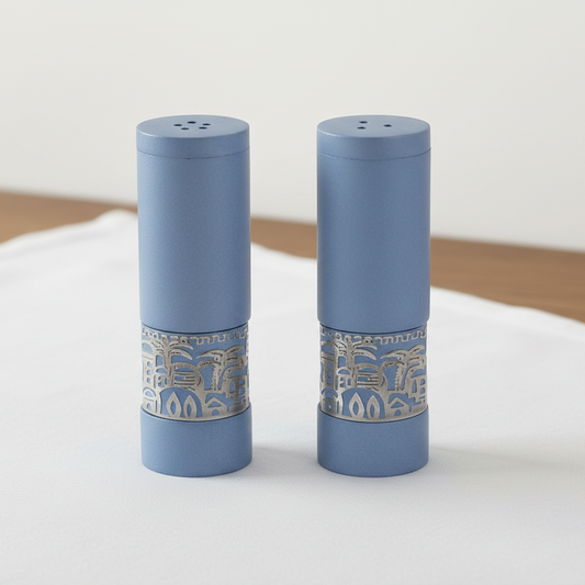סט מלח ופלפל בעיטור ירושלים, גוון כחול (גובה 9 ס"מ)