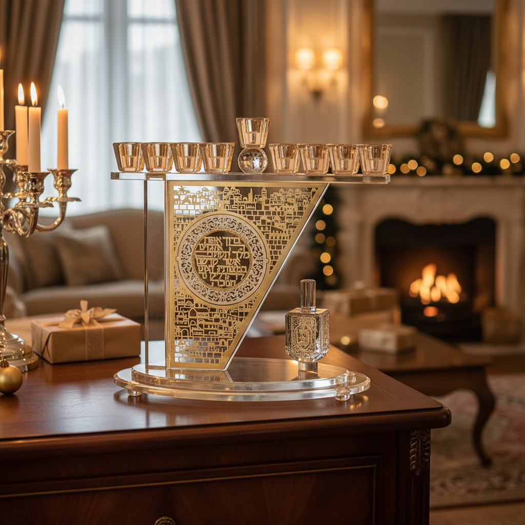 Crystal Hanukkah Menorah in Elegant Room Setting