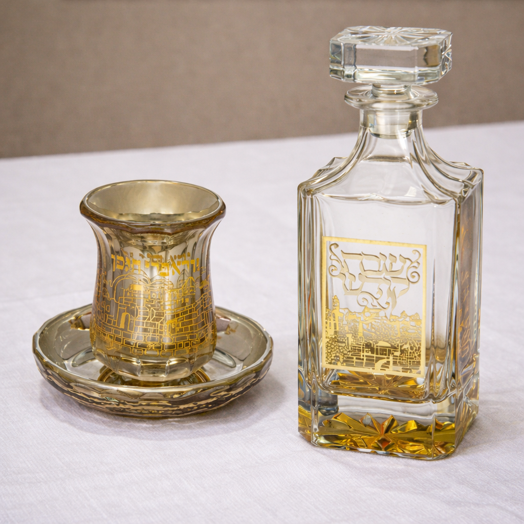 סט קידוש קריסטל: בקבוק וכוס עם איור ירושלים בזהב (גביע 9 ס"מ)
